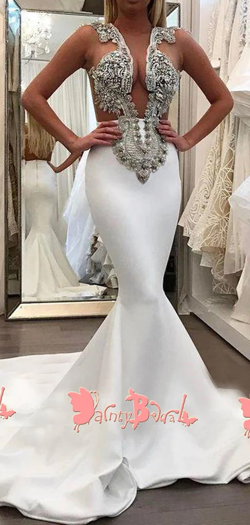 Sexy Sparkly Rhinestone Split Neck Illusion Back Sleeveless Mermaid Prom Gown Dresses. DB1054