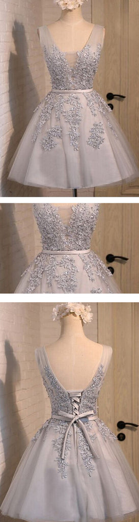 Off shoulder Grey lace Cute Tulle homecoming dresses, CM0023