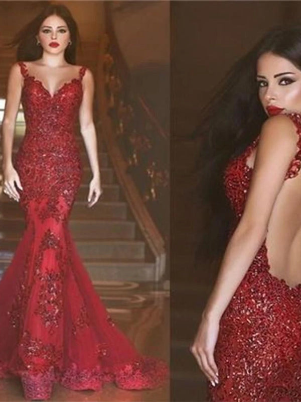 Red Lace Beading Mermaid Backless Appliques Spaghetti Strap Sexy  Evening Party Prom Dress,PD0077