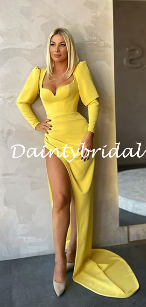 New Arrival Long Sleeve Yellow Mermaid Side Slit Prom Gown Dresses,PD0116