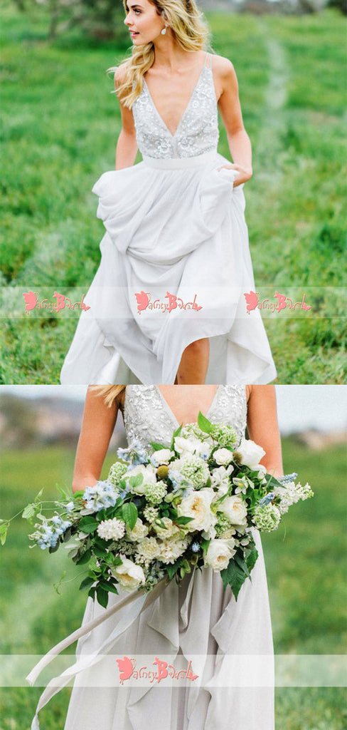 Light Grey Chiffon Rhinestone Backless Beach Wedding Dresses,DB0142