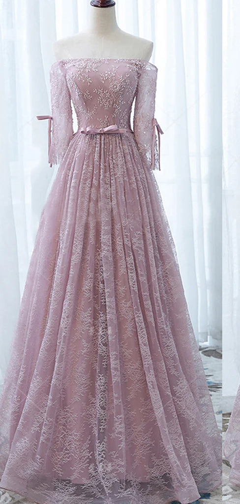 Elegant Off Shoulder Pink Lace Beading A-line Lace Up Back Half Sleeve Prom Dresses,WD0190