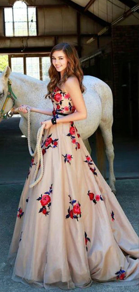 Newest Sweetheart Strapless Vintage Floral Prints Appliques Elegant Charming Long Party Prom Dress. DB1015