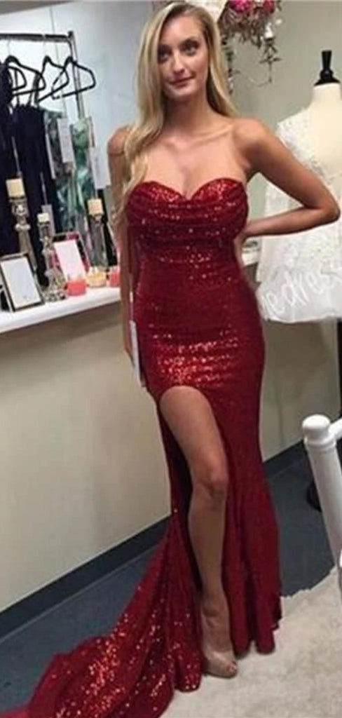New Arrival Strapless Sweetheart Side Slit Red Sequined Sparkle Sexy Charming Prom Dresses,PD0146