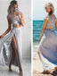 Newest Two Pieces Clairvoyant Outfit Lace Top Cap Sleeve Side Split Beach Party Prom Dress.PD0089