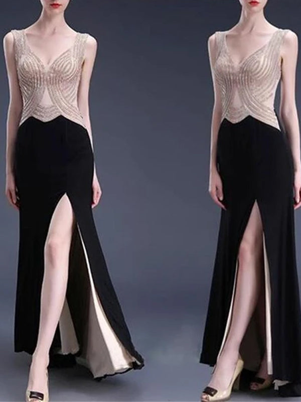 Elegant V-neck Sleeveless Split Side Beading Long Prom Dresses,PD0086