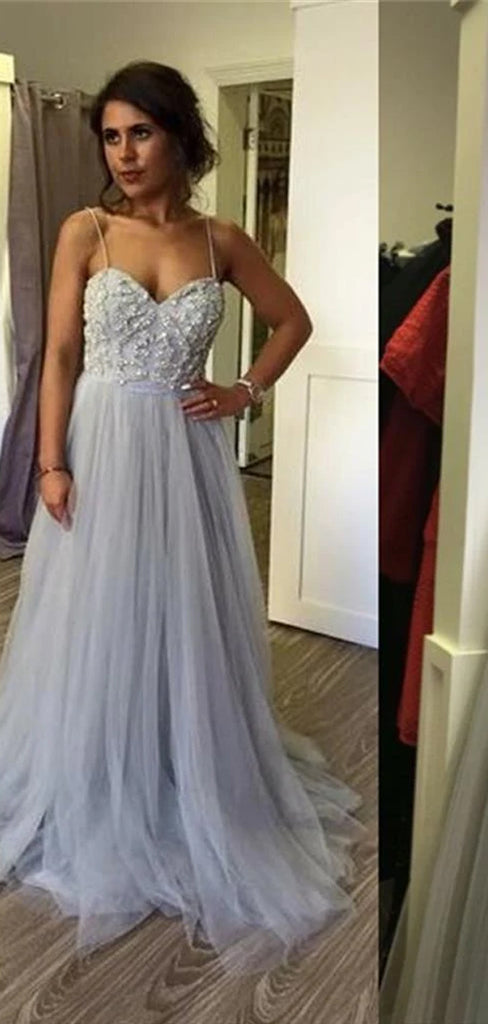 Long A-line Spaghetti Strap Gray Lace Beading Tulle Sweetheart Charming Prom Gown Dresses,PD0166