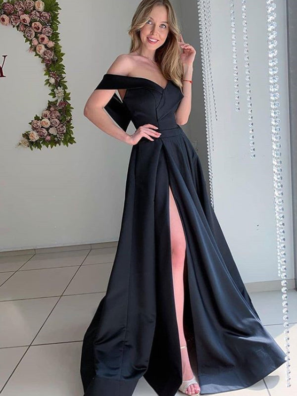 Elegant Off-shoulder Backless A-line Side Slit Evening Party Prom Dresses,PD0139