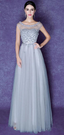 Popular Scoop Gray Lace Top Tulle Beauty A-line Elegant Evening Party Prom Dresses,PD0183
