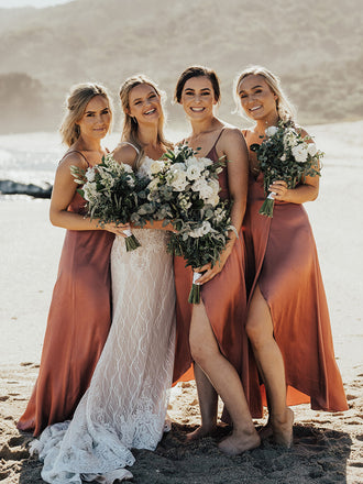 Sexy V-neck Spaghetti Strap Simple Side Slit Long Bridesmaid Dresses.DB10761