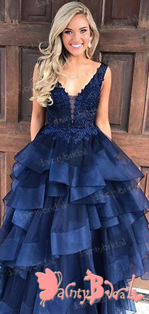 Vintage Open Back Sleeveless Royal Blue Lace Organza Ruffles Ball Gown Long  Prom Gown Dresses. DB1039