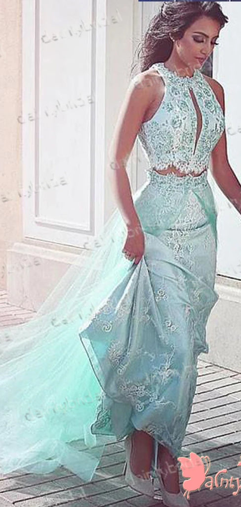 Two Pieces  Tiffany Blue Lace A-line Sleeveless Unique Neck Elegant Long Prom Dresses. DB1046