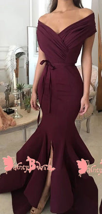 Elegant Maroon Off Shoulder Pleating V-neck  Ruffles Mermaid With Split Prom Gown Dresses. DB1053