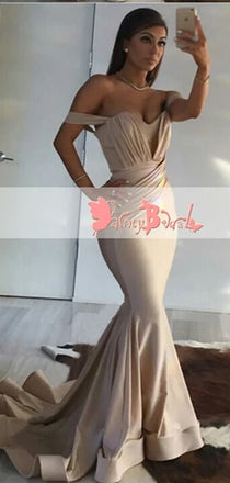Unique Sweetheart Pleating Neck Mermaid Off Shoulder With Sweep Trailing Prom Gown Dresses. DB1055
