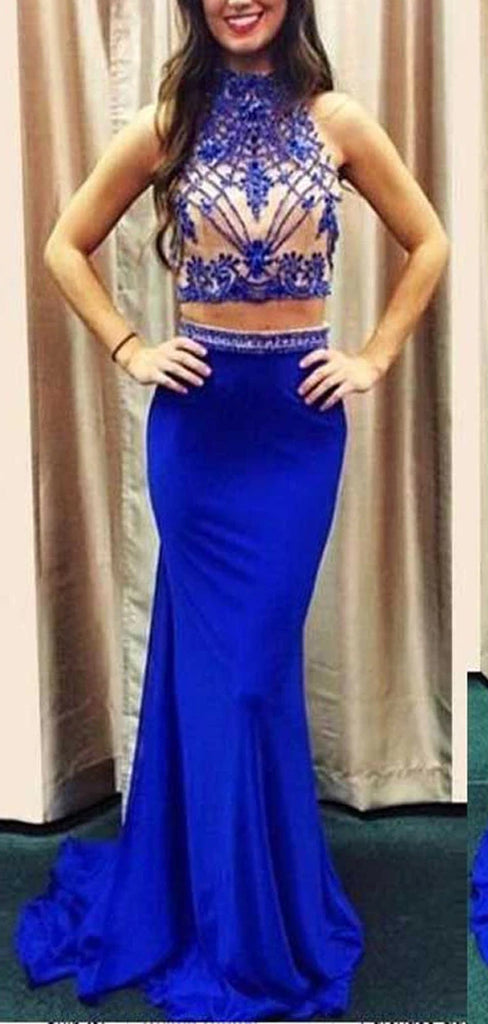 Popular Two Pieces High Neck Royal Blue Beading Mermaid Open Back Vintage Long Prom Dresses. DB0060