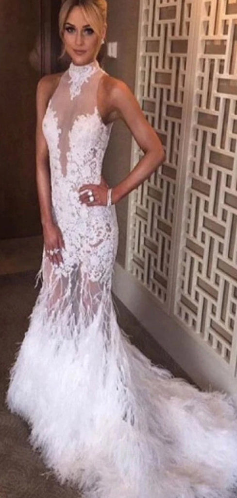 Gorgeous Hater White Mermaid Backless See Through Unique Evening Party Long Prom Dress. DB010