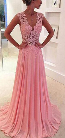 Charming A-line Pink See Through Lace Back V-neck Unique Junior  Popular Prom Party Dresses. DB1014