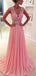 Charming A-line Pink See Through Lace Back V-neck Unique Junior  Popular Prom Party Dresses. DB1014
