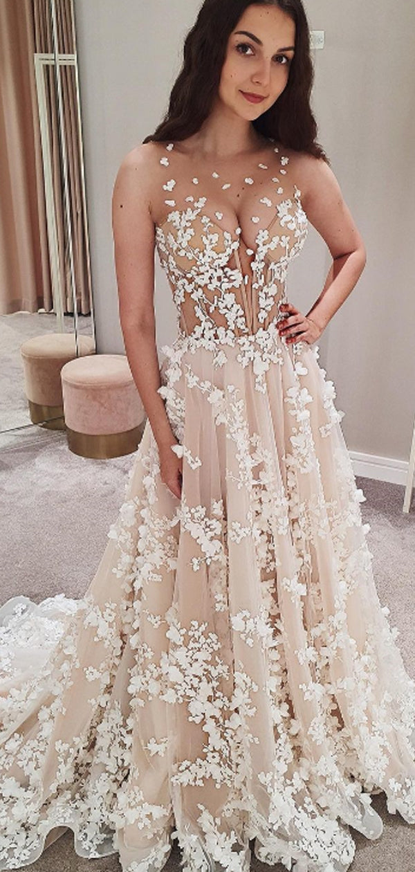 Sexy V-Neck Sleeveless See-through Lace Long Wedding Dresses.DB10037 – DaintyBridal