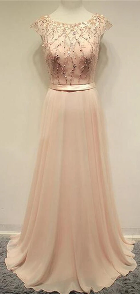Popular Blush Pink Cap Sleeve Chiffon Beading Lovely Round Neck Evening Party Prom Dress. PD0194