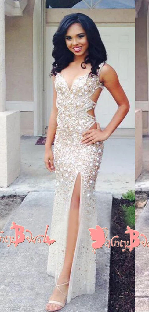 Stunning Sparkly Rhinestone Gold Sequins With High Side Split Sexy Party Prom Dresses. DB1050