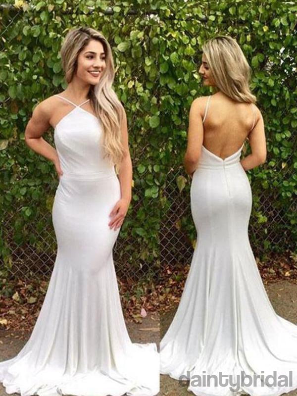 Simple Open Back With Train Double FDY Fabric  White mermaid backless long prom dress, white evening dress.DB10021
