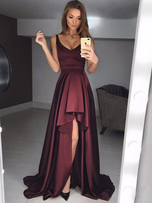 Dark Burgundy Soft Satin High Low Sleeveless Long Prom Dresses ,PD0152 DaintyBridal Dark Burgundy Soft Satin High Low Sleeveless Long Prom Dresses ,PD0152 DaintyBridal