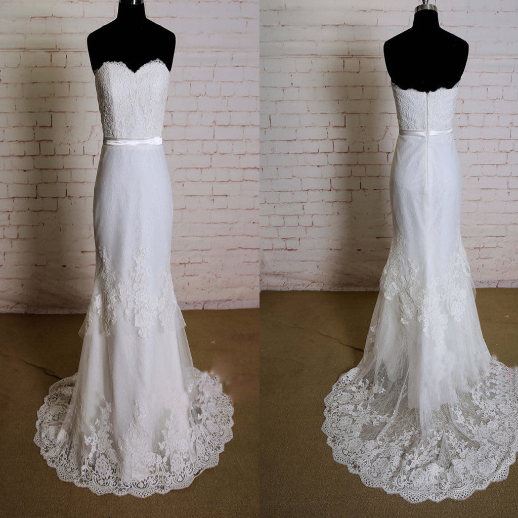 Elegant Special Column Strapless Lace Sweetheart Neckline Layered Skirt Sweep Trailing Wedding Dress, WD0163