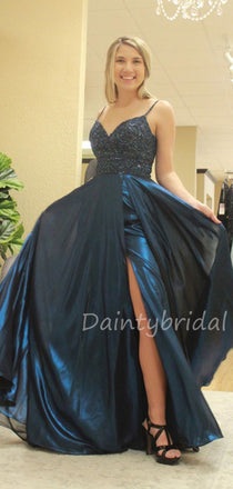 Sexy V-neck A-line Side Slit Long Prom Dresses Evening Dresses.DB10433
