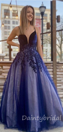 Charming V-neck Tulle A-line Long Prom Dresses Evening Dresses.DB10353