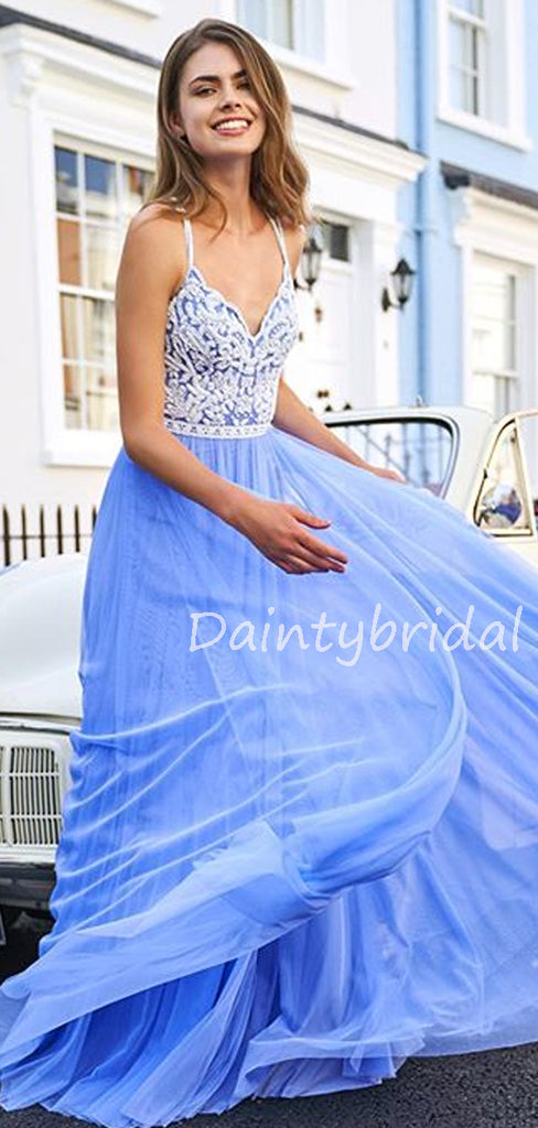 Charming V-neck Tulle  A-line Long Prom Dresses Evening Dresses.DB10613