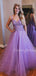 Charming V-neck A-line Tulle Long Prom Dresses Evening Dresses.DB10483