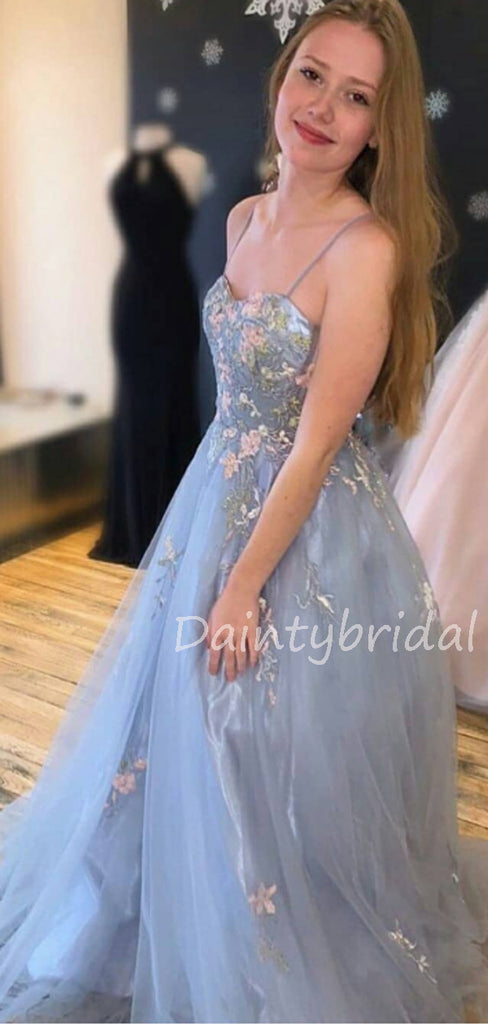 Charming Spaghetti Strap Floor-length Tulle Long Prom Dresses Evening Dresses.DB10600