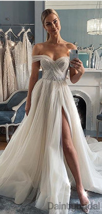 Off-shoulder Tulle Slit A-line Long Prom Dresses Evening Dresses.DB10210