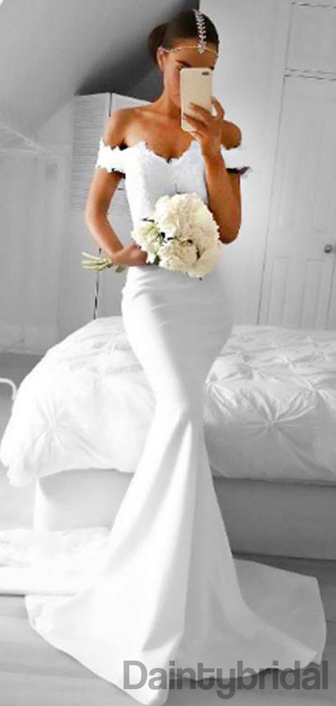 Mermaid Off-Shoulder Sweep Train White Prom Dresses with Lace.DB10141