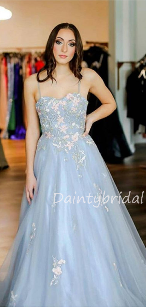 Charming Spaghetti Strap A-line Tulle Long Prom Dresses Evening Dresses.DB10533