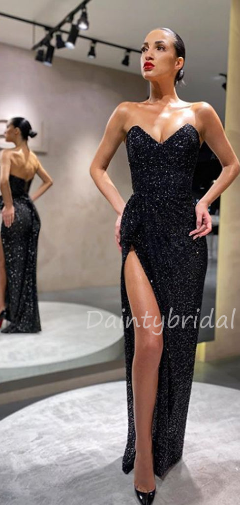 Sexy Sweetheart Sequin Side Slit Long Prom Dresses Evening Dresses.DB10444