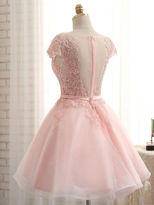 Newest Pink Lace Cap Sleeve A-line Yarn Back With Bow Sash Pretty Junior Homecoming Dress,BD0140