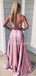 Sexy V-neck Side Slit A-line Two-piece Lace Satin Long Evening Dresses Prom Dresses.DB10513