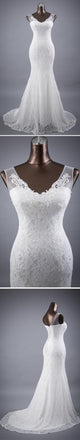 Elegant V-neck Lace Up Back Sleeveless Lace Mermaid Sweep Trailing Wedding Party Dresses, WD0030