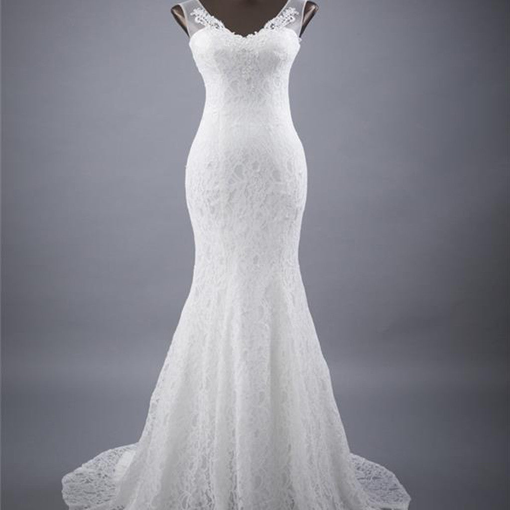 Elegant V-neck Lace Up Back Sleeveless Lace Mermaid Sweep Trailing Wedding Party Dresses, WD0030