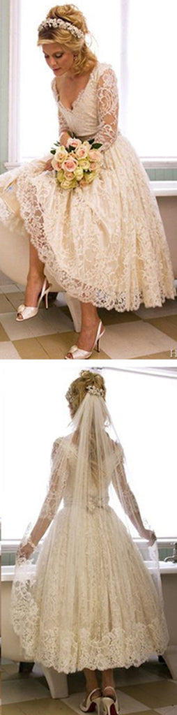 Vintage V-Neck Long Sleeve Full Lace Bow Knot Princess Tea Length Wedding Party Dresses, WD0031
