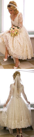 Vintage V-Neck Long Sleeve Full Lace Bow Knot Princess Tea Length Wedding Party Dresses, WD0031