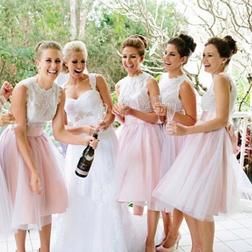 Junior Pretty Sleeveless Lace Jewel Neck Blush Pink Tulle Short Bridesmaid Dresses for Wedding Party, WG33