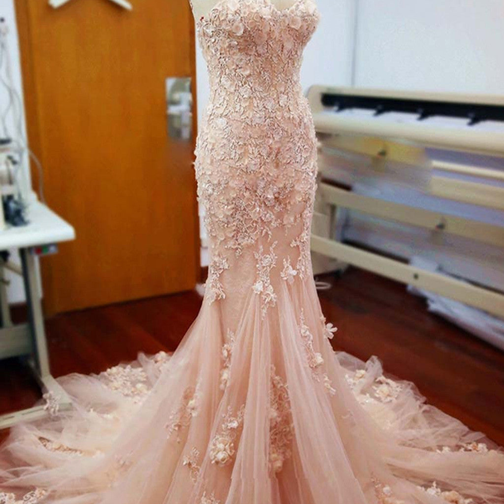 Pink Handmade Flowers Lace Appliques Sweetheart Strapless Sexy Mermaid Long Wedding Dresses, WD0033