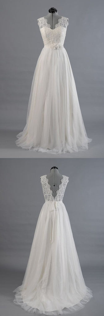Best Sale Vintage V-Back Lace Top Deep V-back Simple Design Sweep Trailing Wedding Party Dresses, WD0036