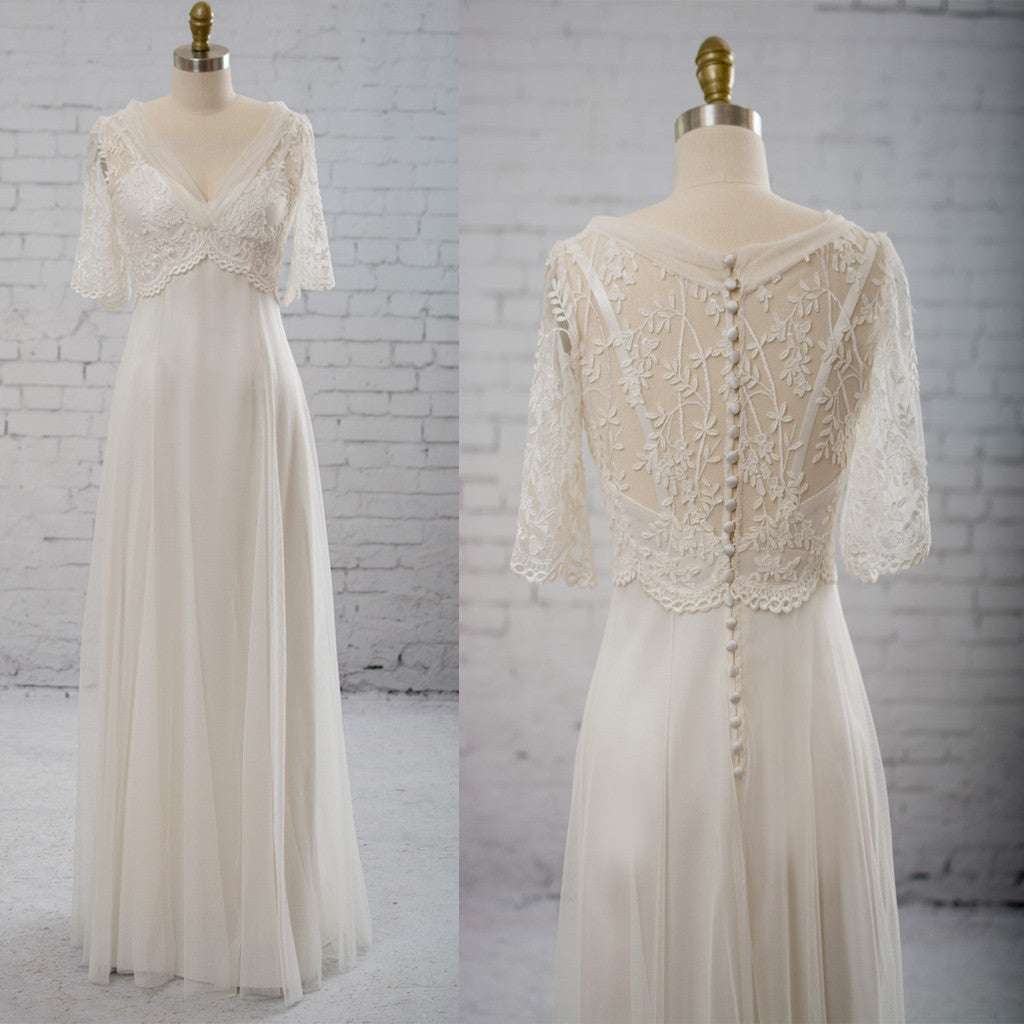 Vintage Column V-neck Half Sleeve Spaghetti Strap Clairvoyant Outfit Lace Top Wedding Party Dresses, WD0037