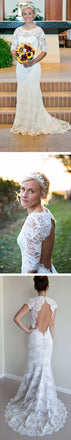 Half Sleeve Round Neck Open Back Sexy Mermaid Full Lace Sweep Trailing Wedding Party Dresses, WD0039