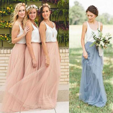 Popular Cheap Summer Country Junior Sleeveless Scoop Neck Tulle Skirt Long Bridesmaid Dresses, WG40