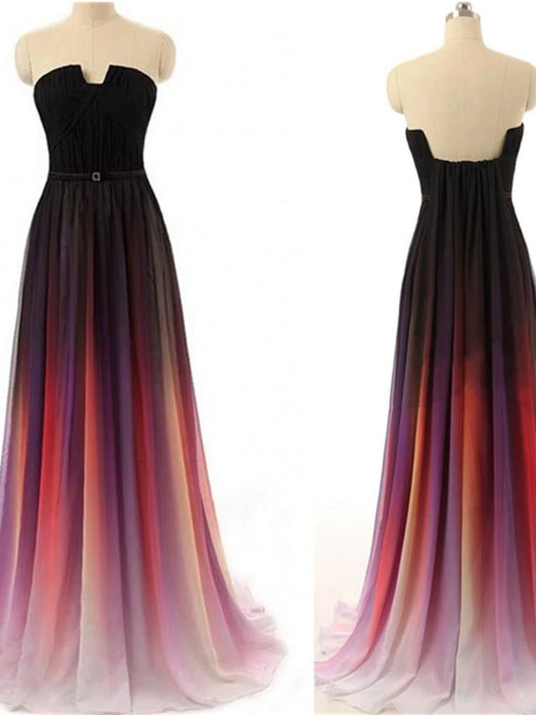 Long Cheap Colorful Gradient Notched Strapless Backless Chiffon Evening Party Prom Dresses,PD0111